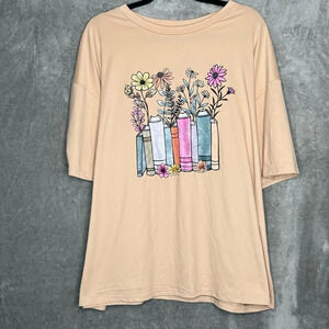 Shein XL Shirt Top Tan Brown Floral Short Sleeve Round Neck Stretch Knit Casual
